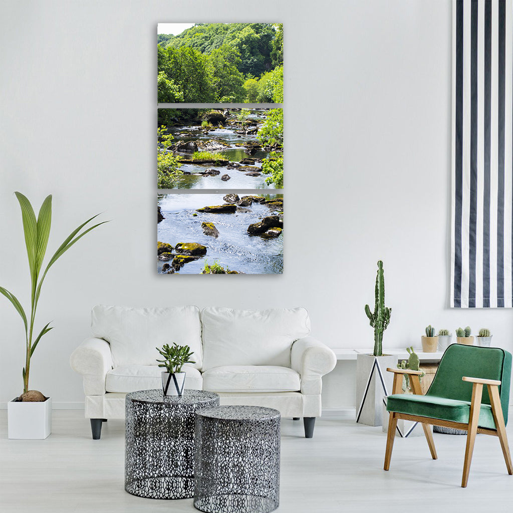 river water green trees stream Vertical Canvas Wall Art