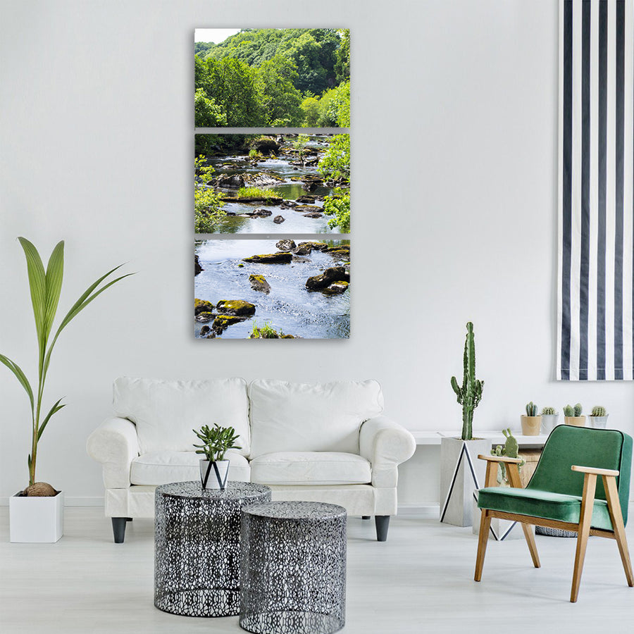 river water green trees stream Vertical Canvas Wall Art