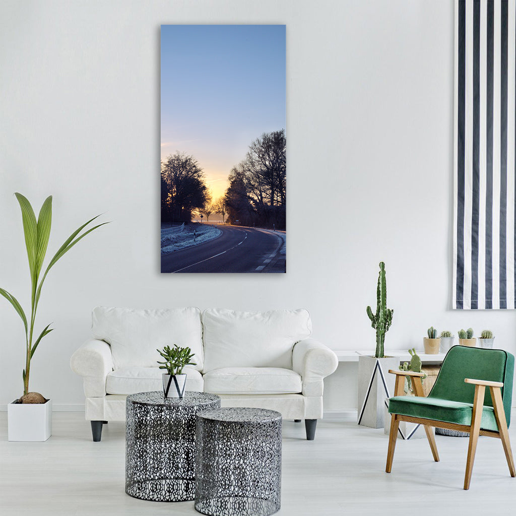 road frozen morning sun winter Vertical Canvas Wall Art