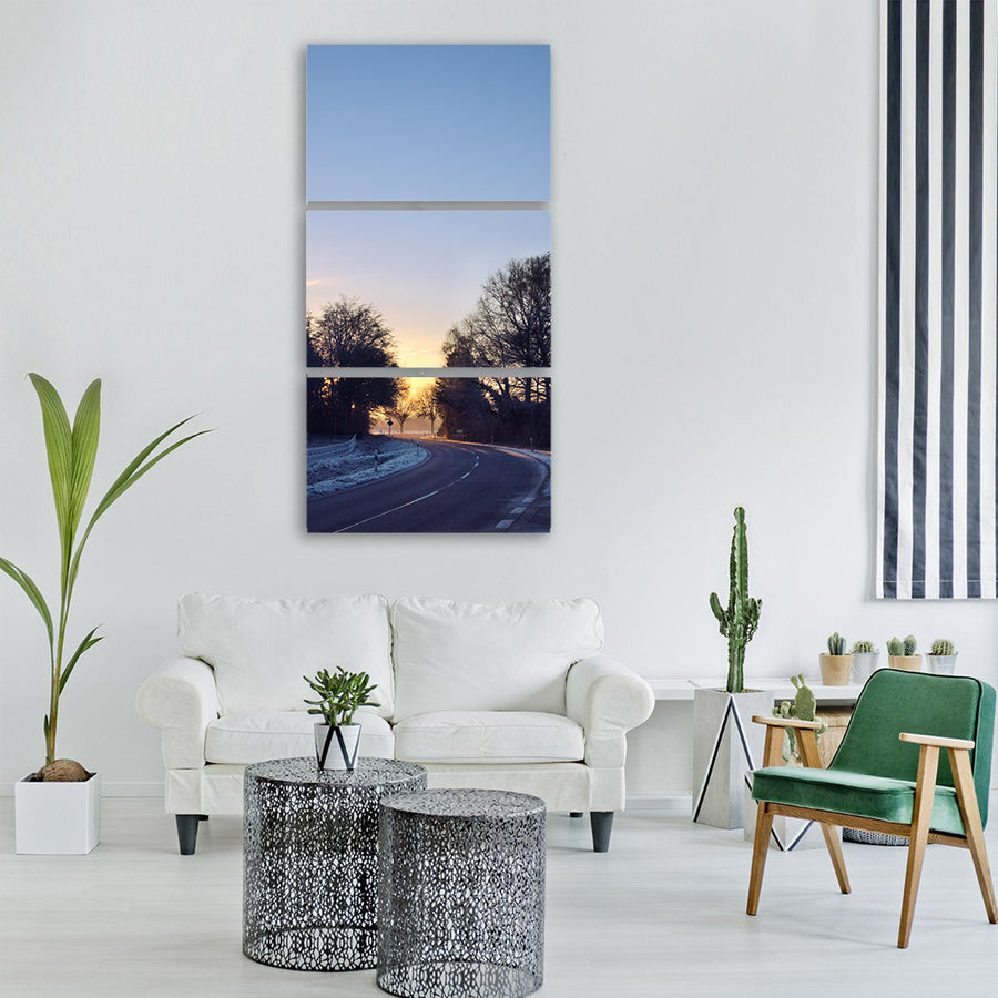road frozen morning sun winter Vertical Canvas Wall Art