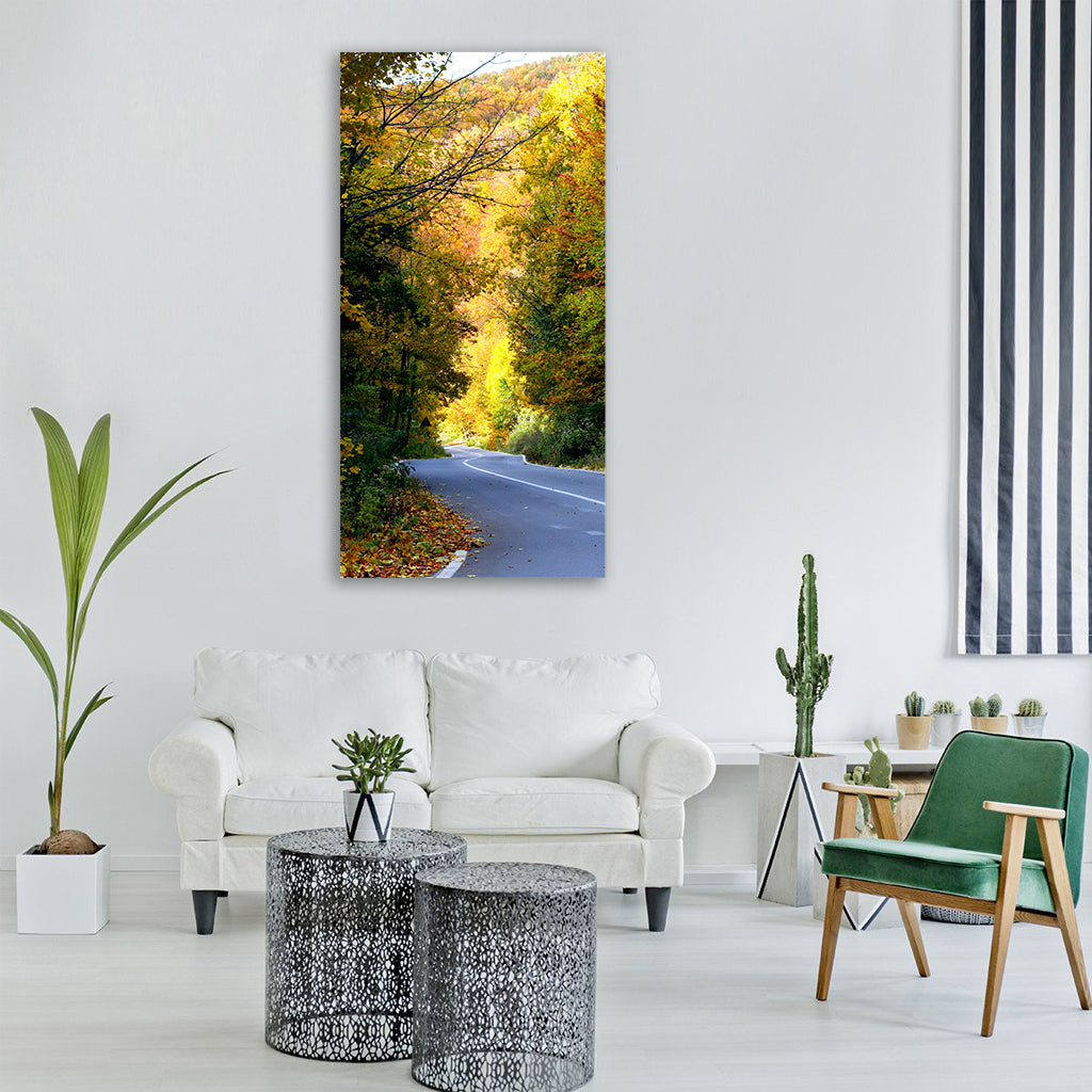 road trees nature autumn forest Vertical Canvas Wall Art