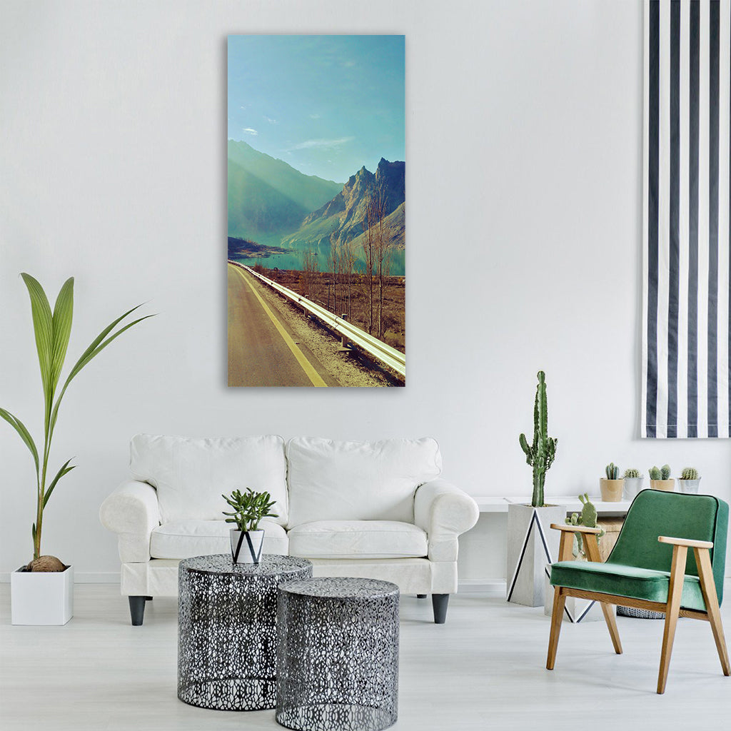 road straight highway lake blue Vertical Canvas Wall Art
