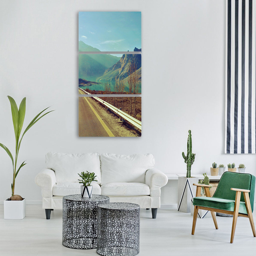 road straight highway lake blue Vertical Canvas Wall Art