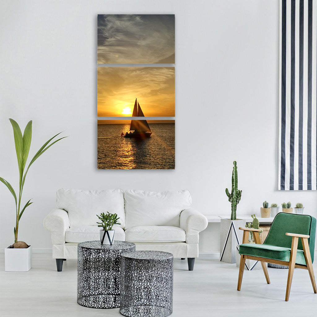 sailboat ibiza summer sunset Vertical Canvas Wall Art
