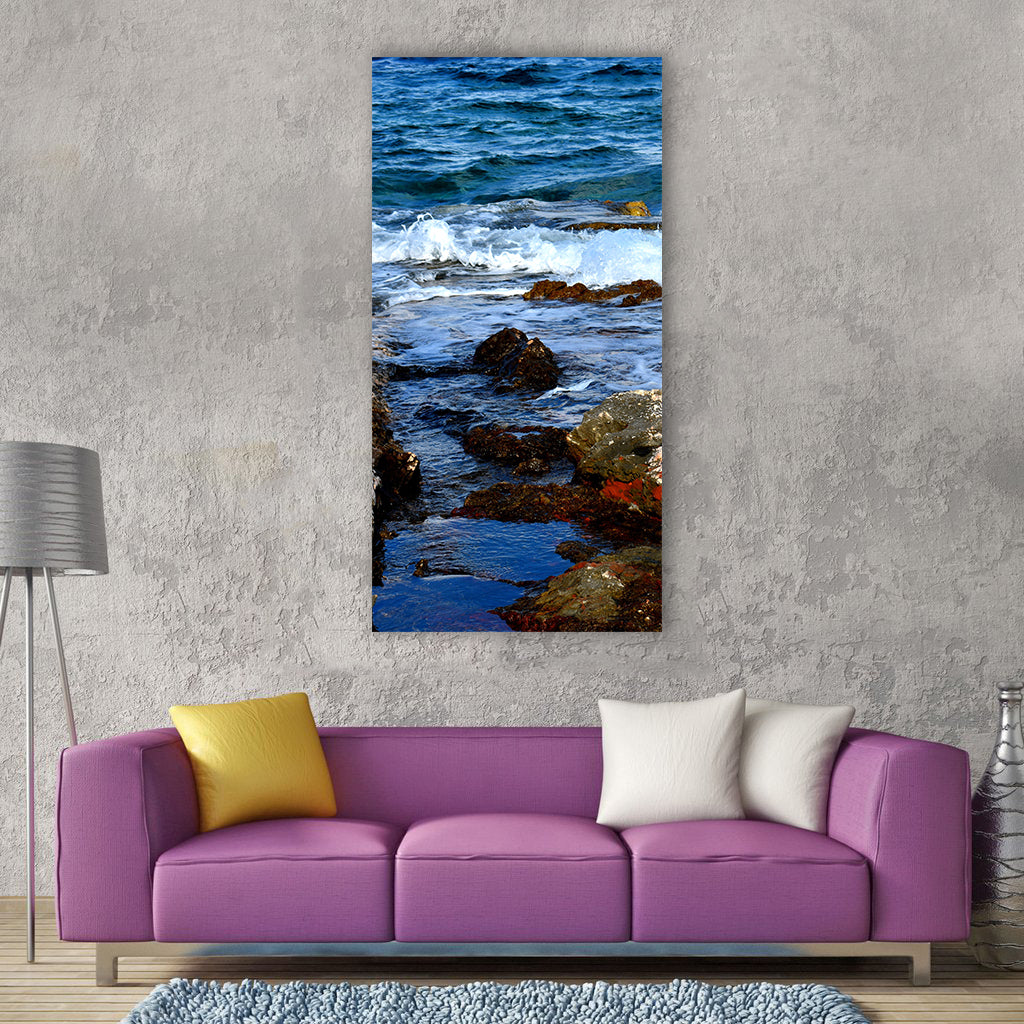 Sea wave foam shore coast reef Vertical Canvas Wall Art