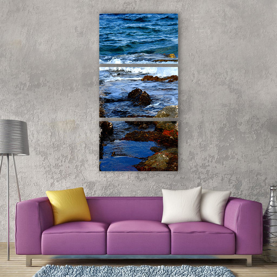 Sea wave foam shore coast reef Vertical Canvas Wall Art
