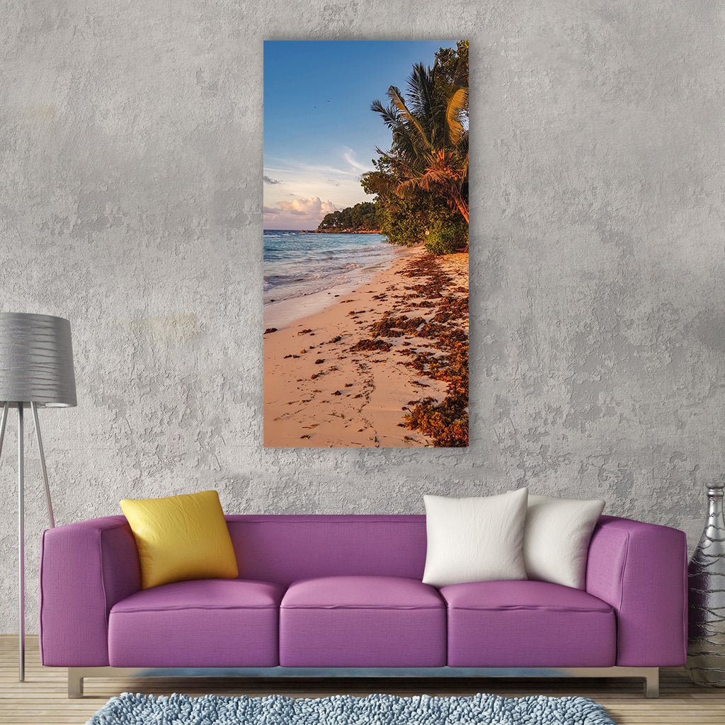 Seychelles sunset beach palm trees Vertical Canvas Wall Art