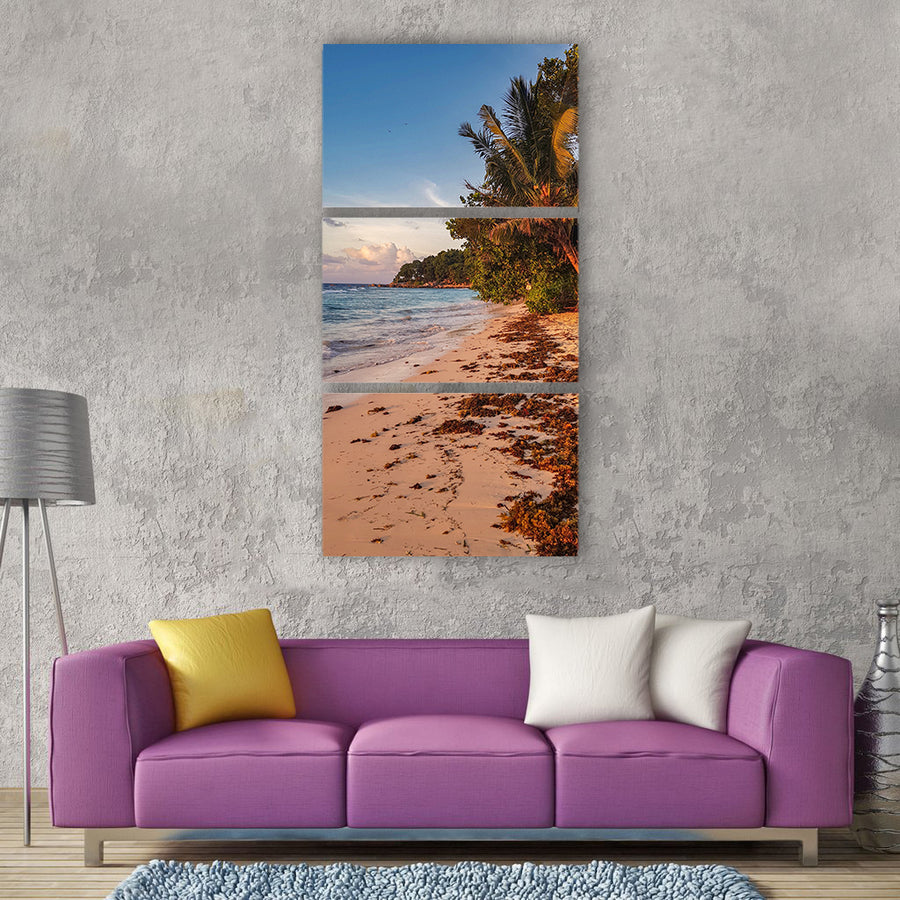 Seychelles sunset beach palm trees Vertical Canvas Wall Art