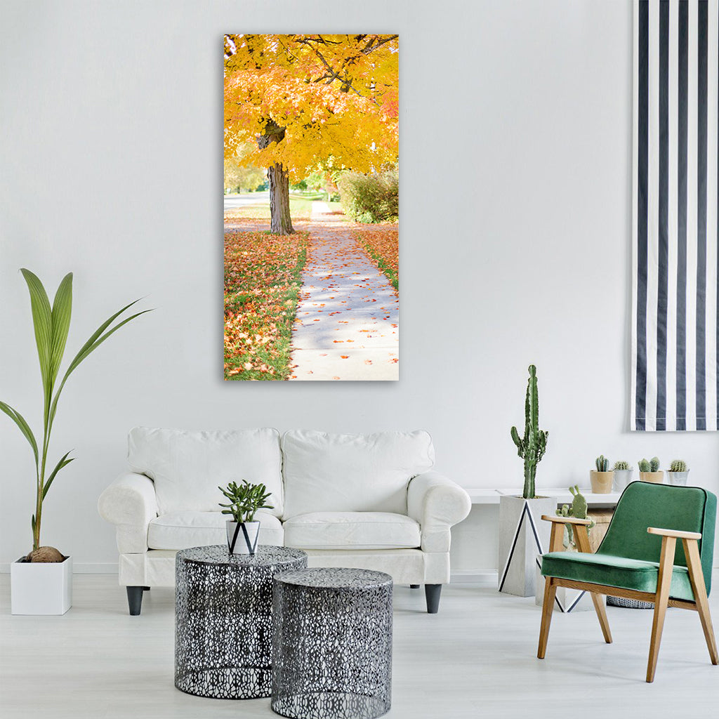 sidewalk yellow tree walkway Vertical Canvas Wall Art