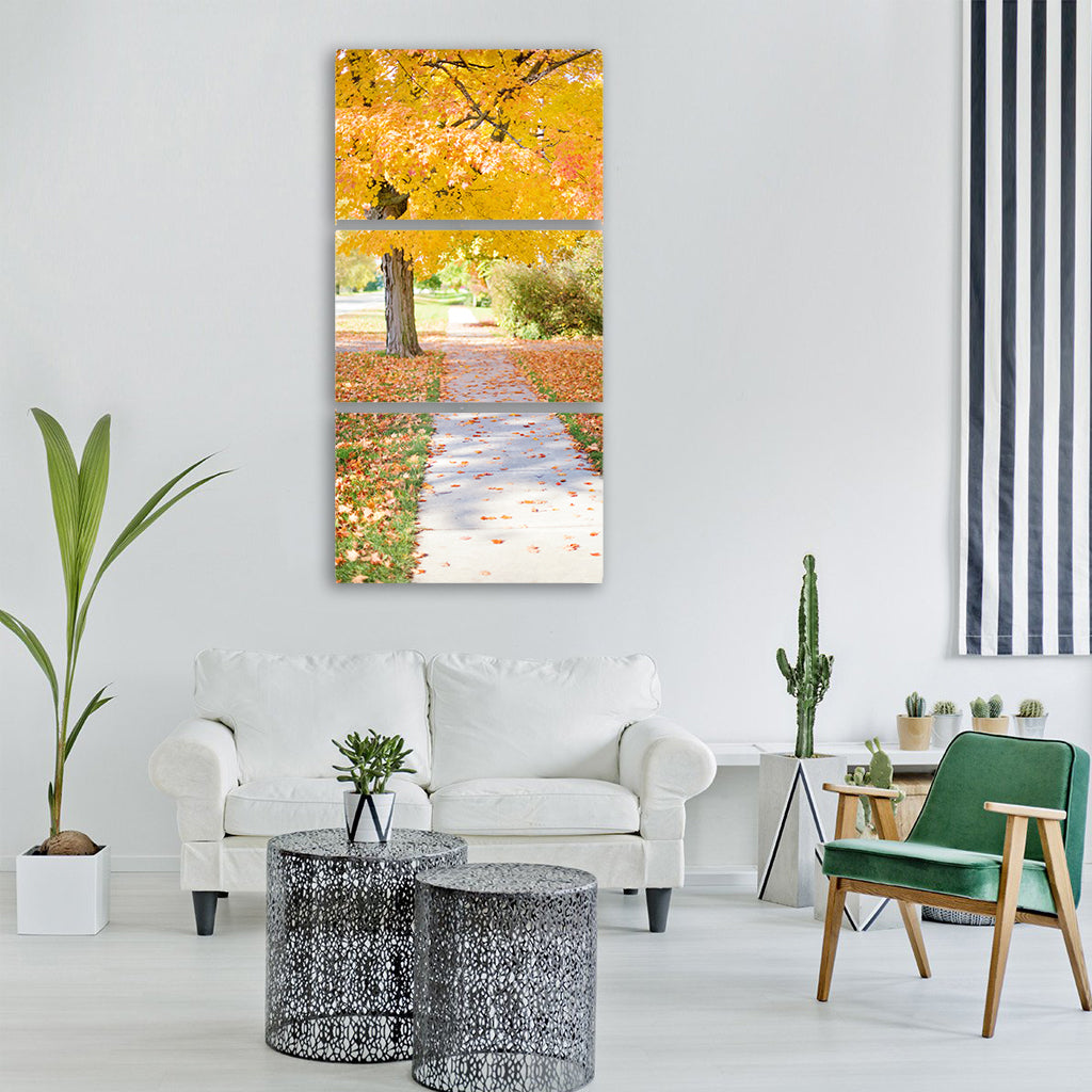 sidewalk yellow tree walkway Vertical Canvas Wall Art