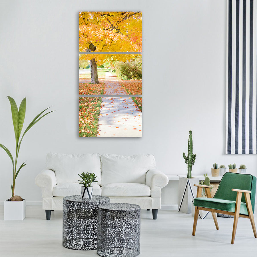 sidewalk yellow tree walkway Vertical Canvas Wall Art