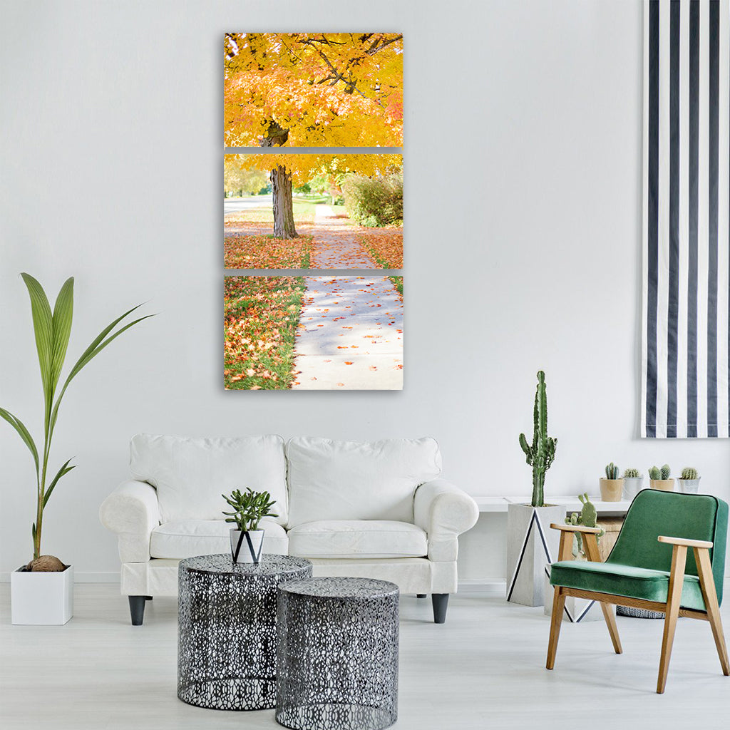 sidewalk yellow tree walkway Vertical Canvas Wall Art