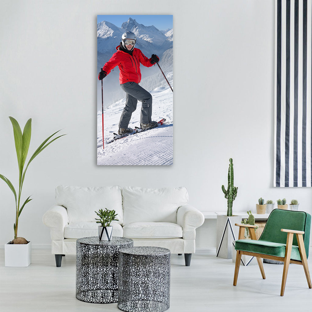 skier skiing ski run ski snow Vertical Canvas Wall Art