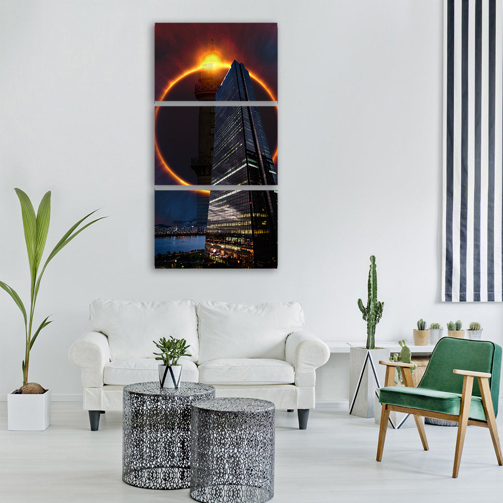 skyline moon night sky skyscraper Vertical Canvas Wall Art