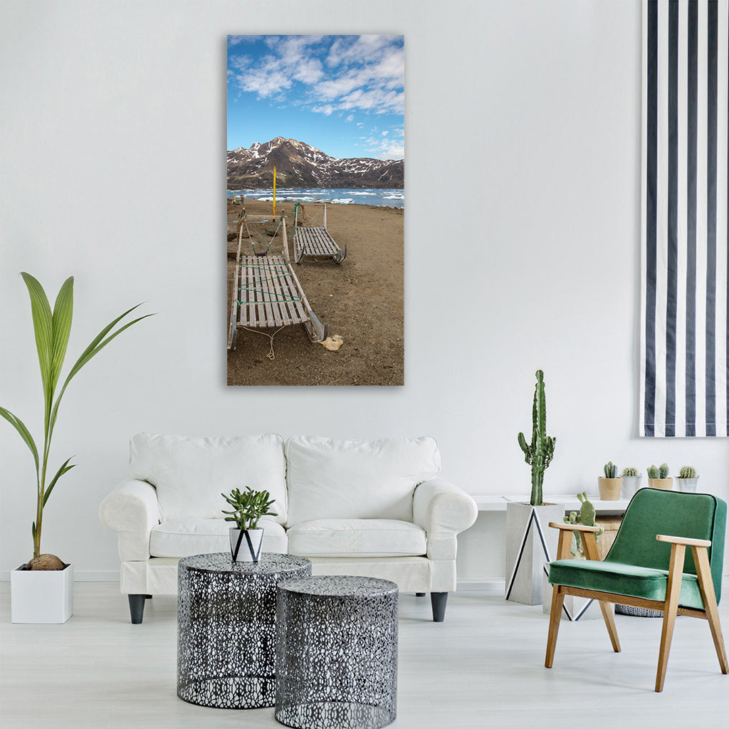 sled dog sled greenland summer Vertical Canvas Wall Art