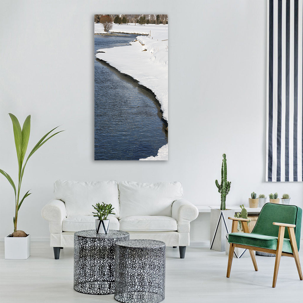 snow river winter Vertical Canvas Wall Art