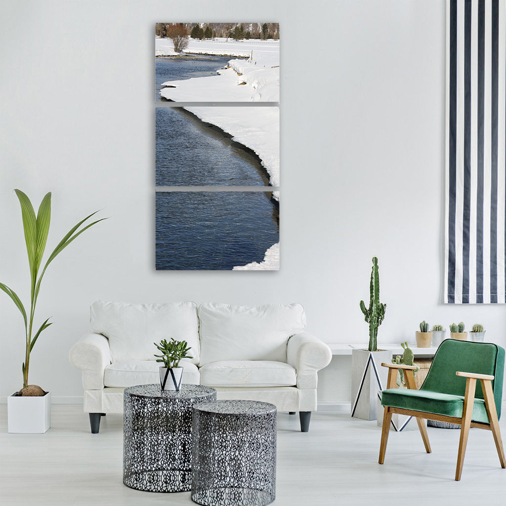 snow river winter Vertical Canvas Wall Art