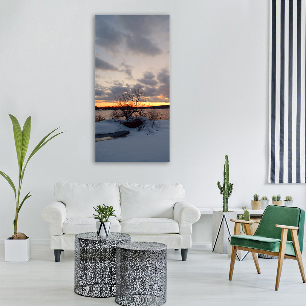 snow winter sunset lake cold Vertical Canvas Wall Art