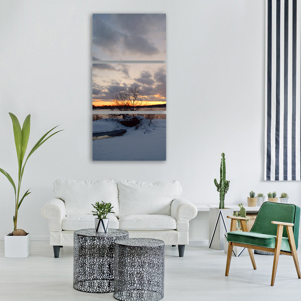 snow winter sunset lake cold Vertical Canvas Wall Art