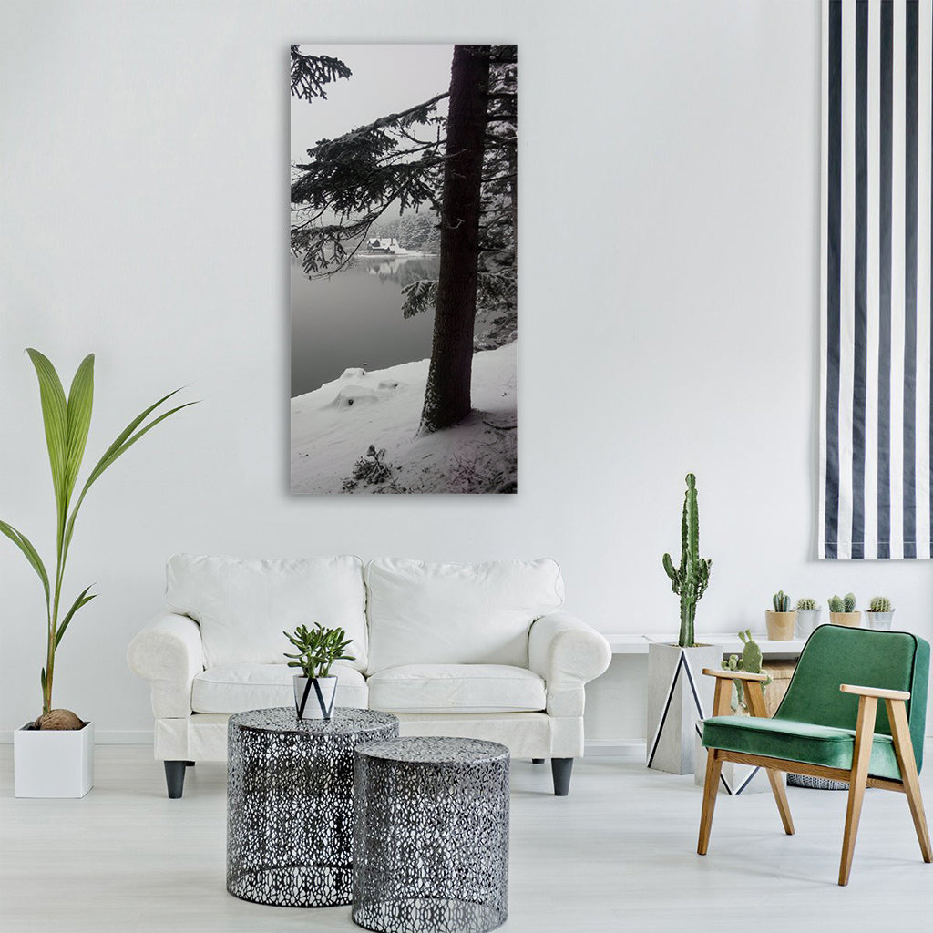 snow tree lake winter Vertical Canvas Wall Art