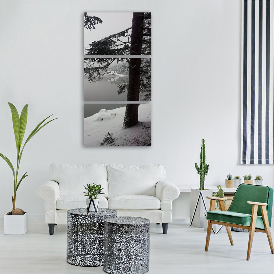 snow tree lake winter Vertical Canvas Wall Art