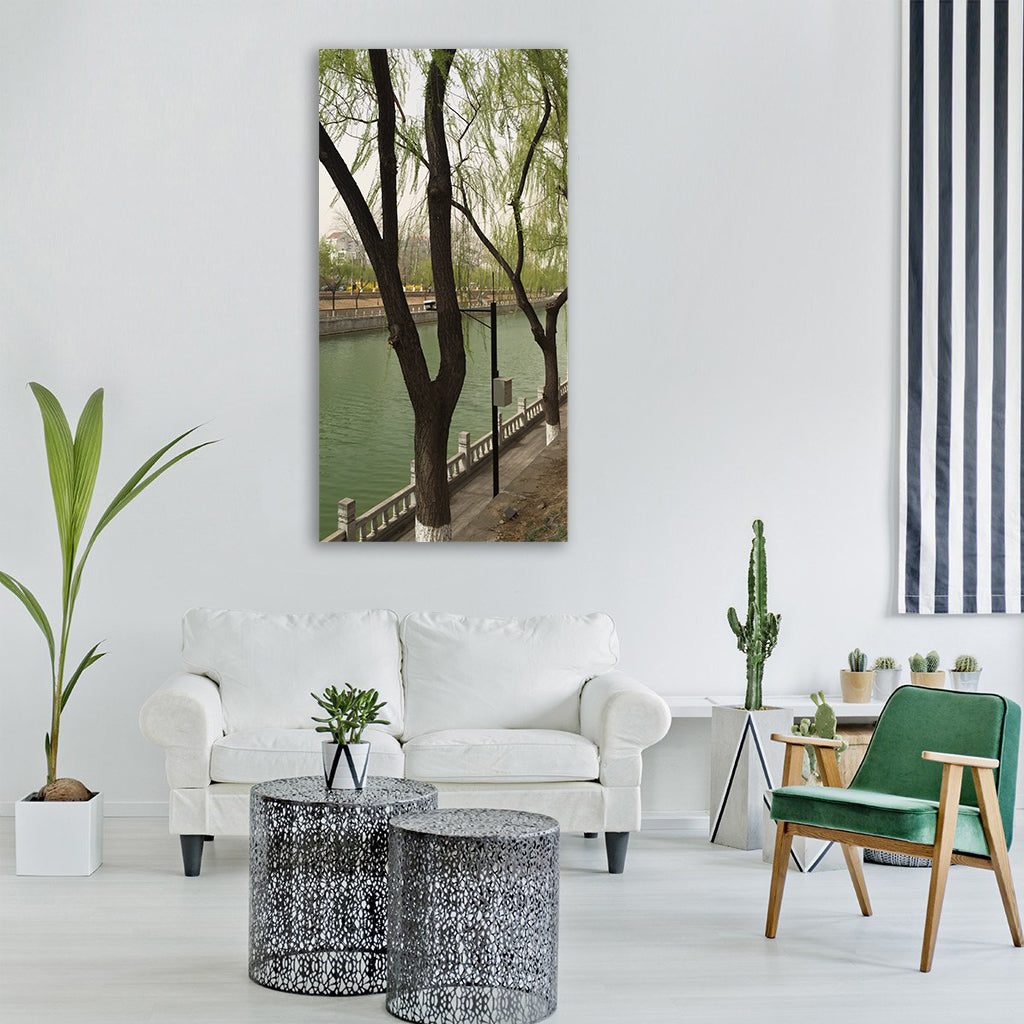 spring running water willow green Vertical Canvas Wall Art
