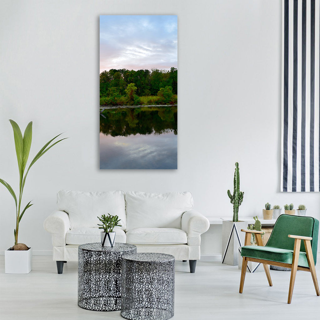 sunset sky mountain trees water Vertical Canvas Wall Art