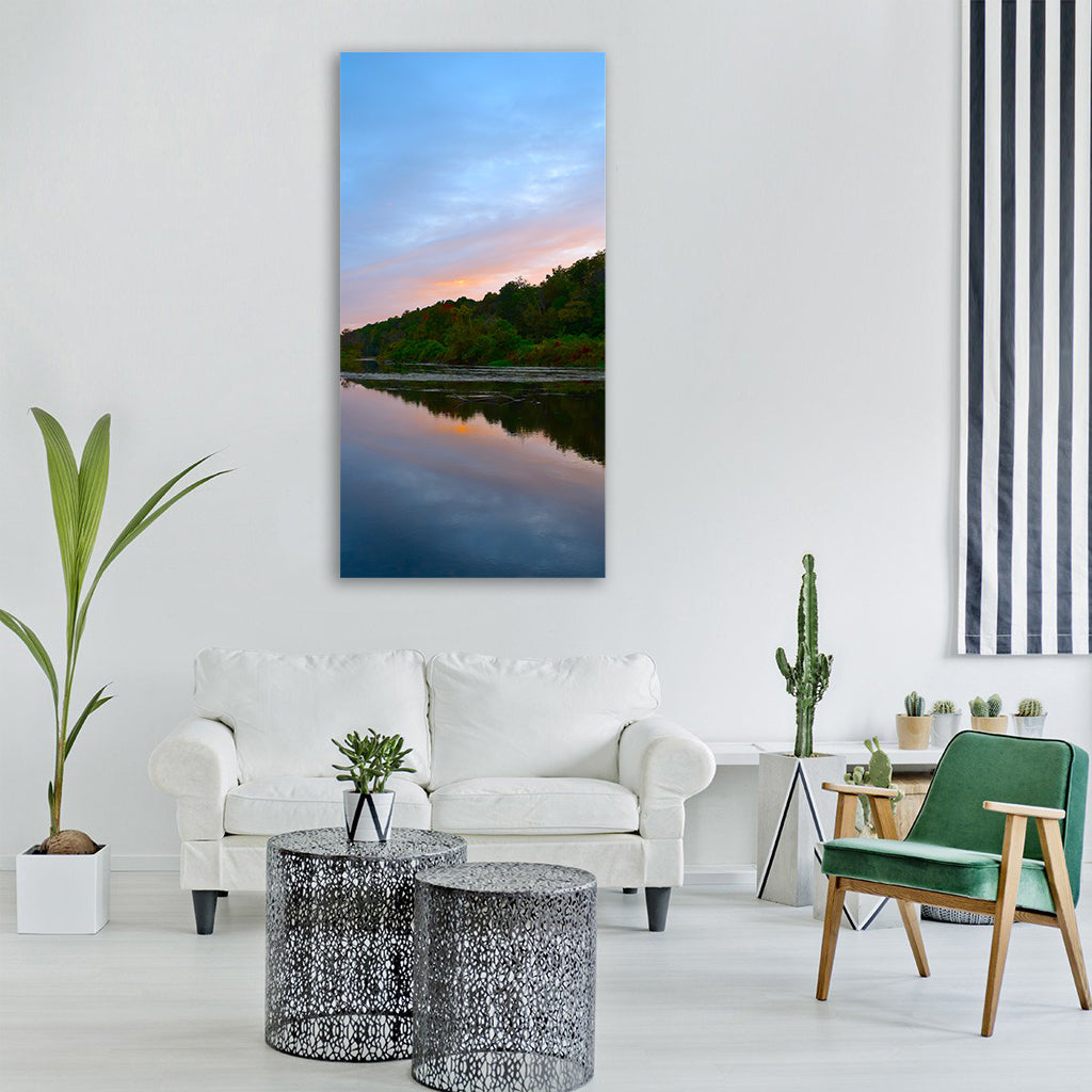 sunset sky mountain trees water Vertical Canvas Wall Art