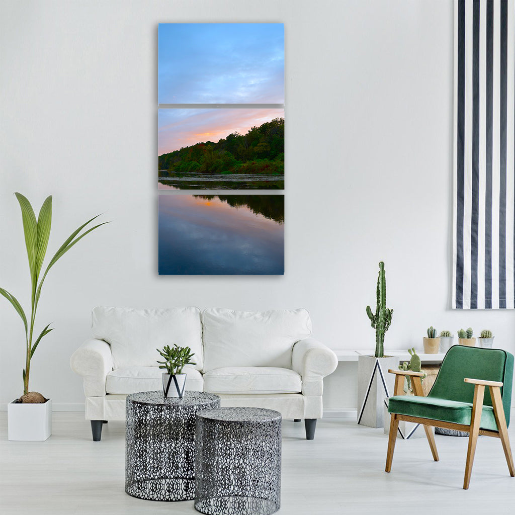 sunset sky mountain trees water Vertical Canvas Wall Art