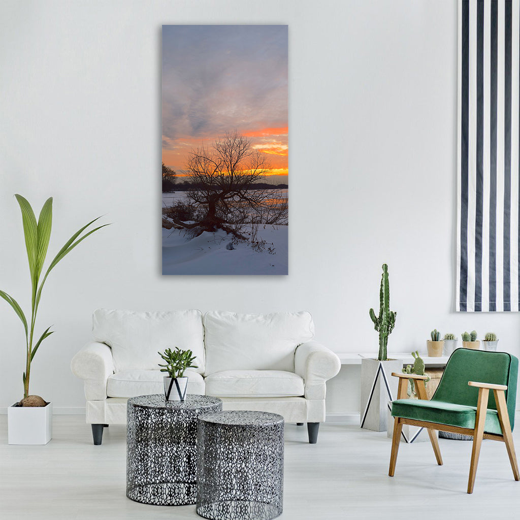 sunset winter frozen landscape Vertical Canvas Wall Art