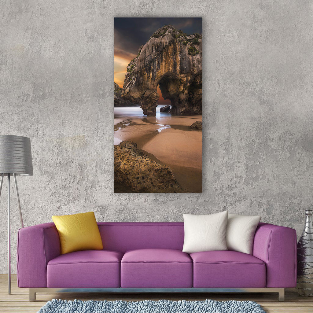 Sunset beach asturias sea caves Vertical Canvas Wall Art