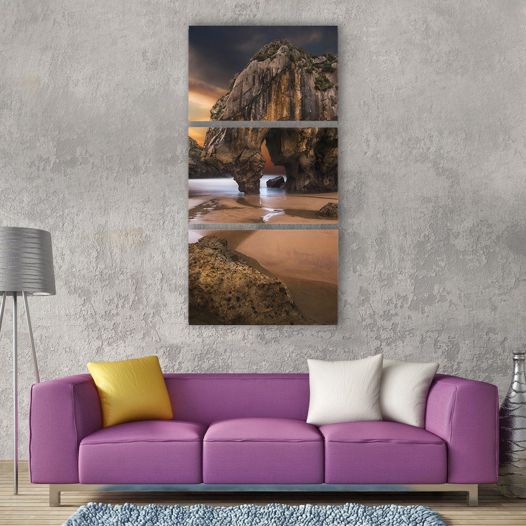 Sunset beach asturias sea caves Vertical Canvas Wall Art