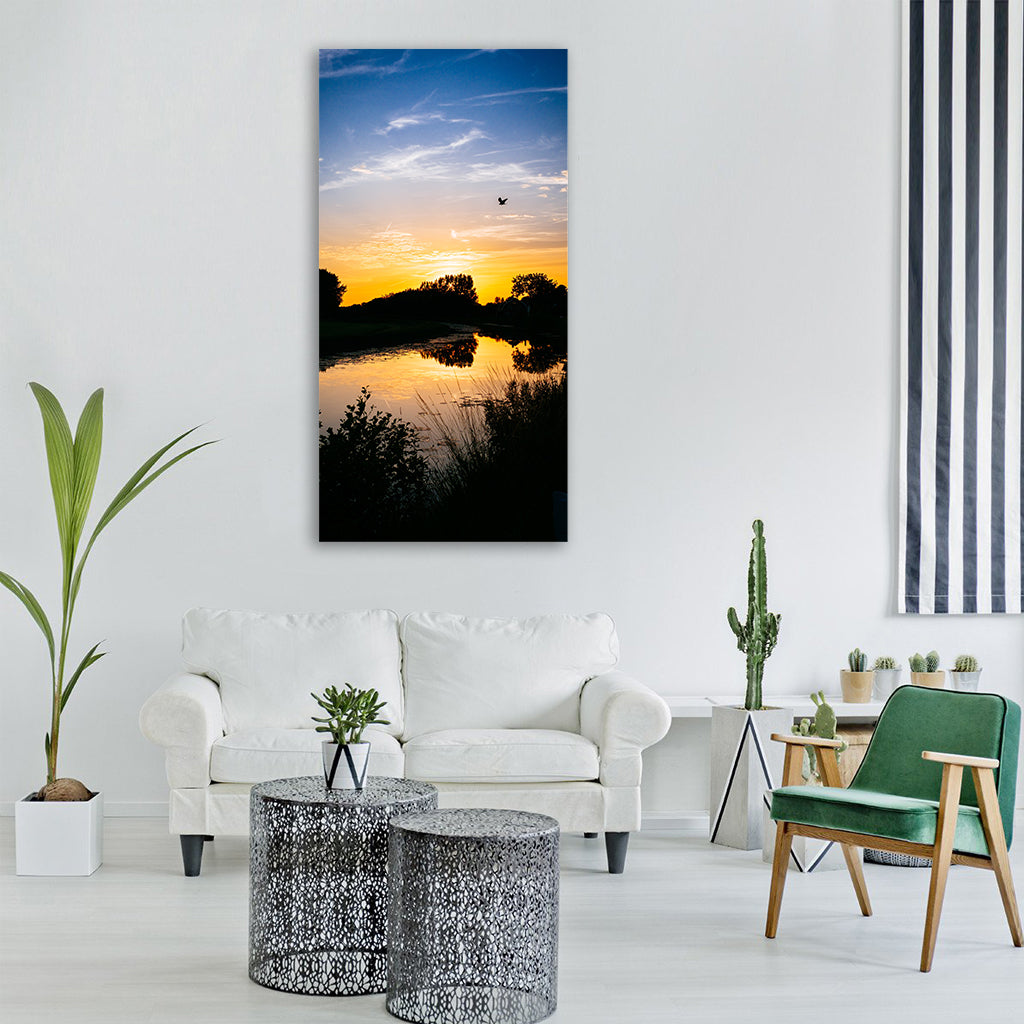 sunset lake forest bird water sky Vertical Canvas Wall Art