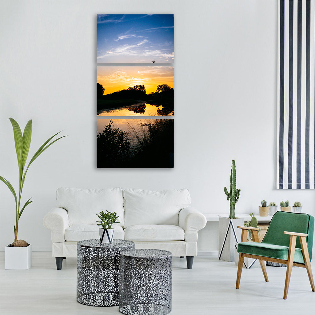sunset lake forest bird water sky Vertical Canvas Wall Art