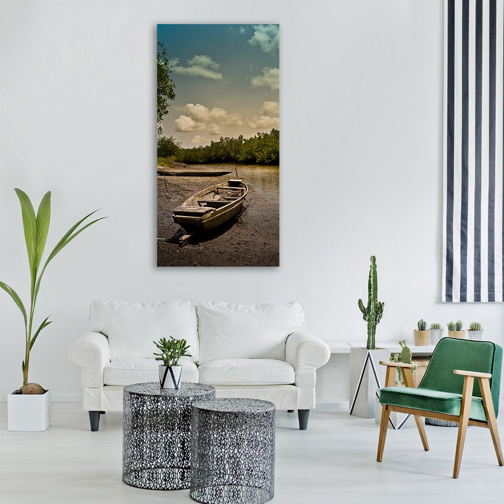 the gambia river boat fishing Vertical Canvas Wall Art