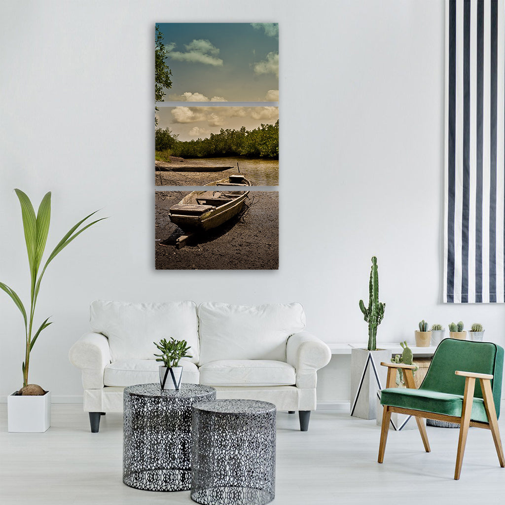 the gambia river boat fishing Vertical Canvas Wall Art