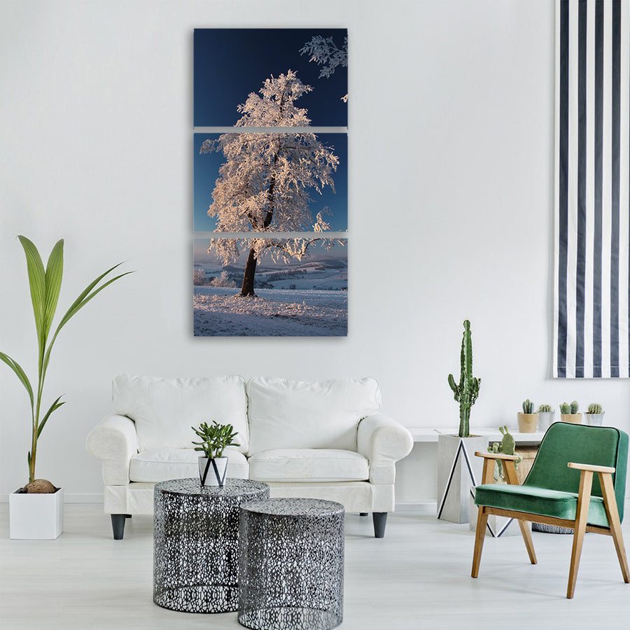 tree sunset winter snow white Vertical Canvas Wall Art
