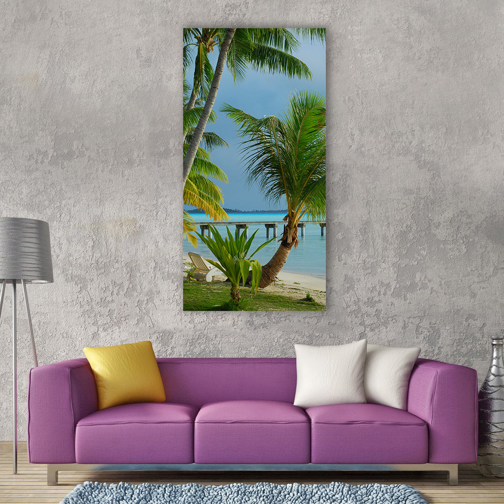 Tropical beach palm tree island Vertical Canvas Wall Art