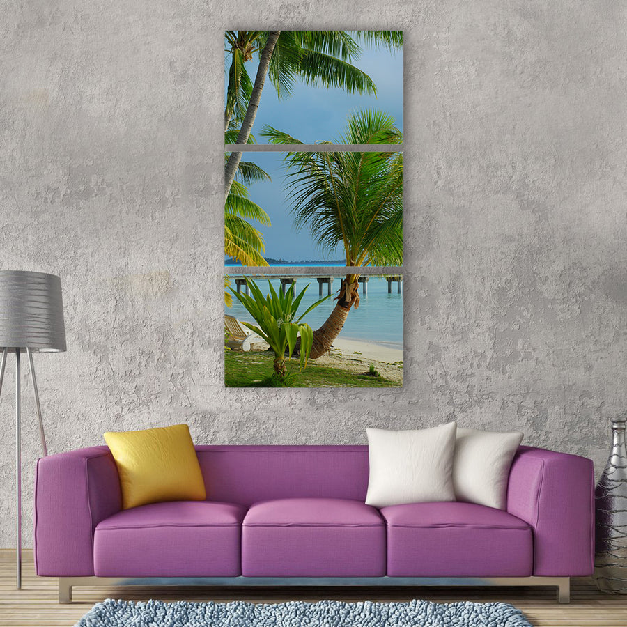 Tropical beach palm tree island Vertical Canvas Wall Art
