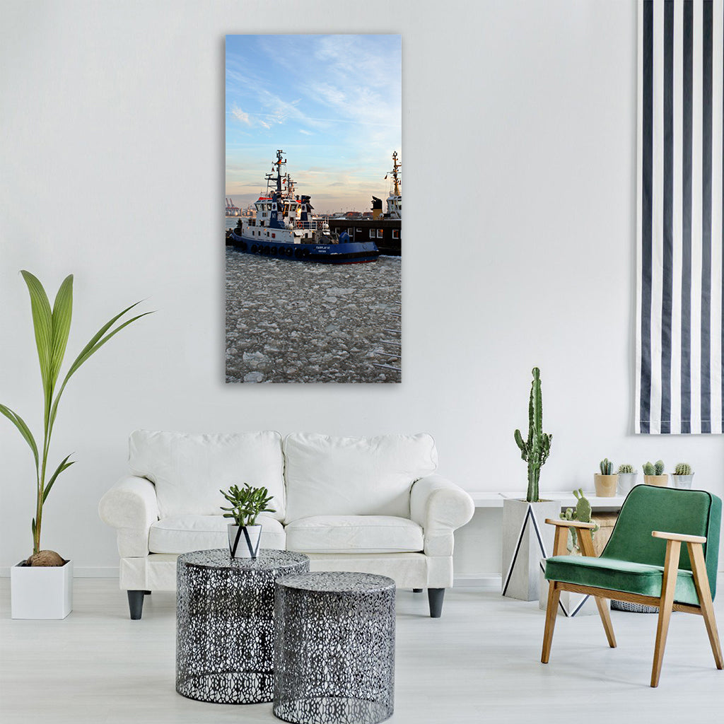 tug bugsier harbour cruise winter Vertical Canvas Wall Art