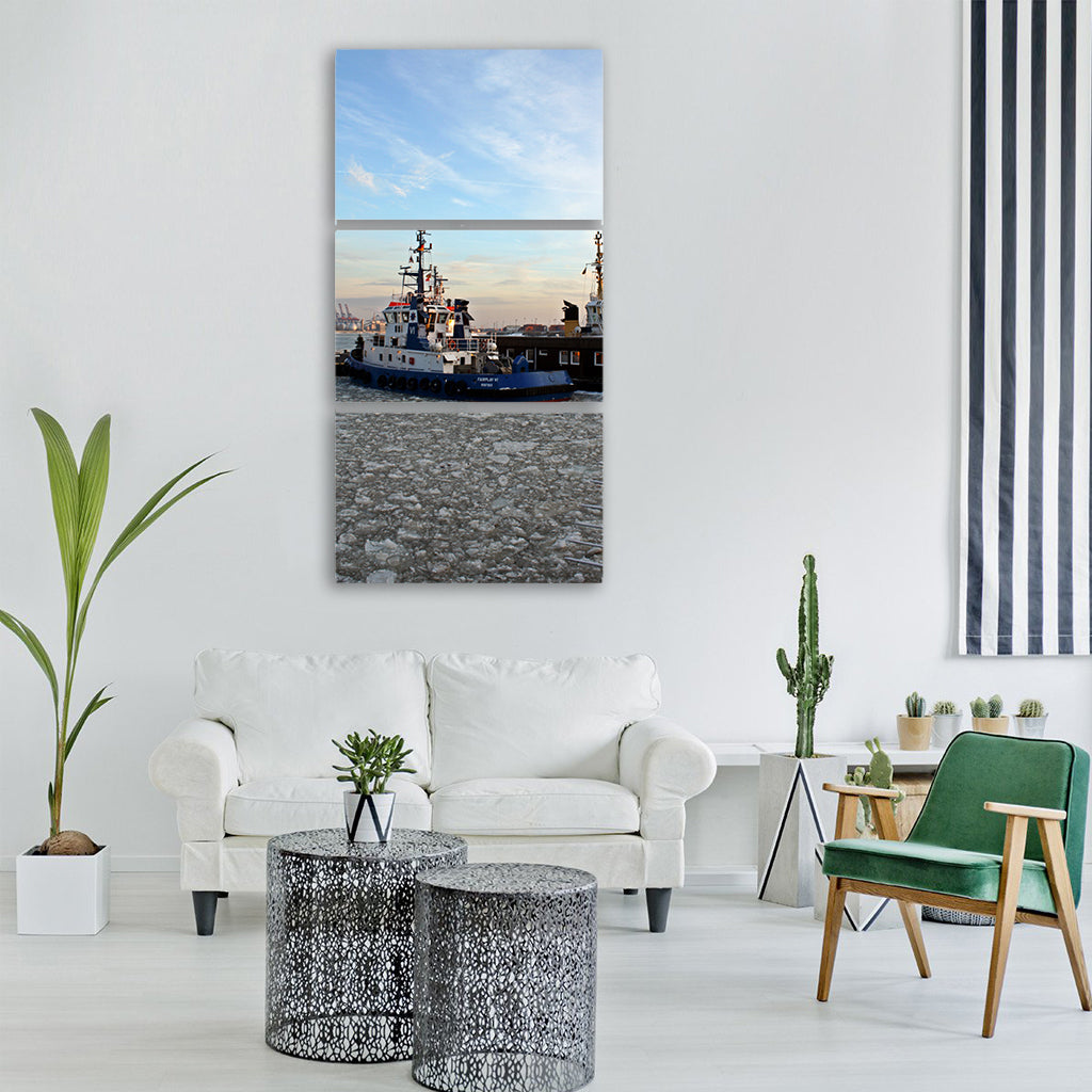 tug bugsier harbour cruise winter Vertical Canvas Wall Art