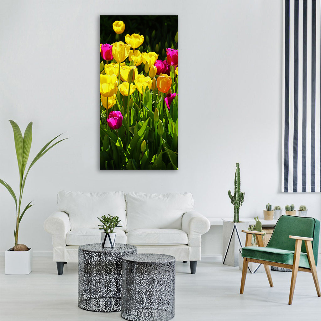 tulips flower yellow purple Vertical Canvas Wall Art