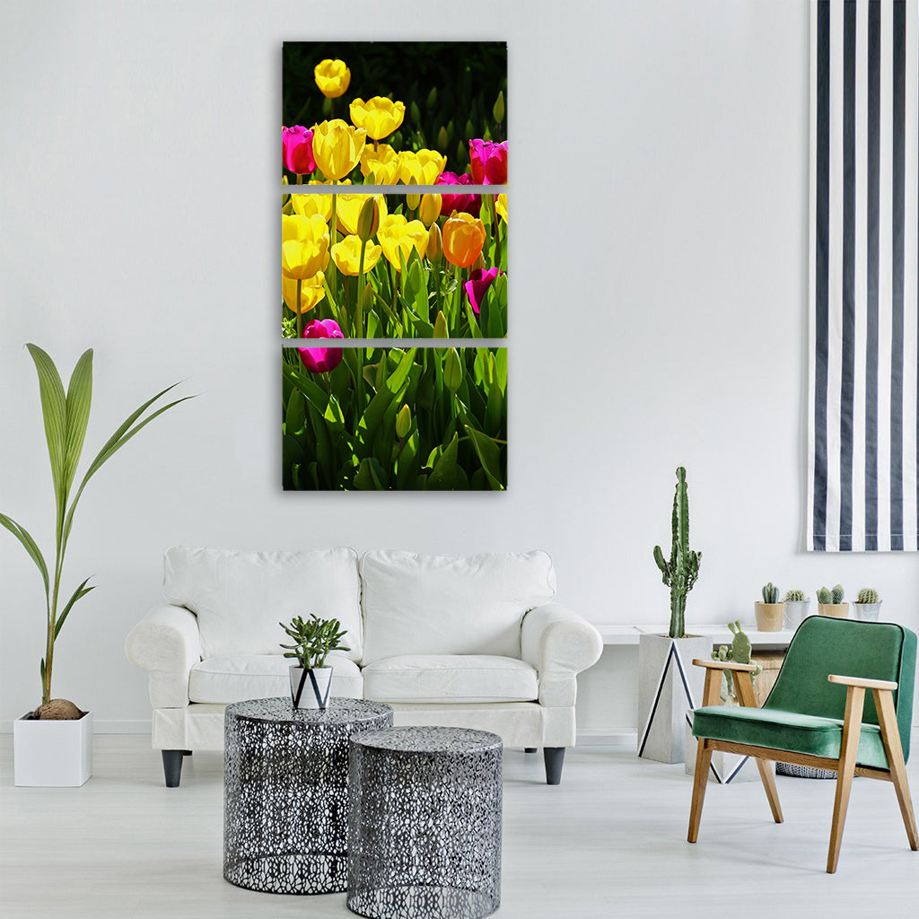 tulips flower yellow purple Vertical Canvas Wall Art
