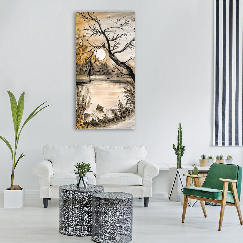 watercolour nature tree lake Vertical Canvas Wall Art