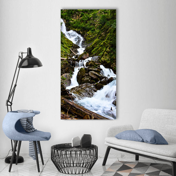 Waterfall waters nature river wood Vertical Canvas Wall Art