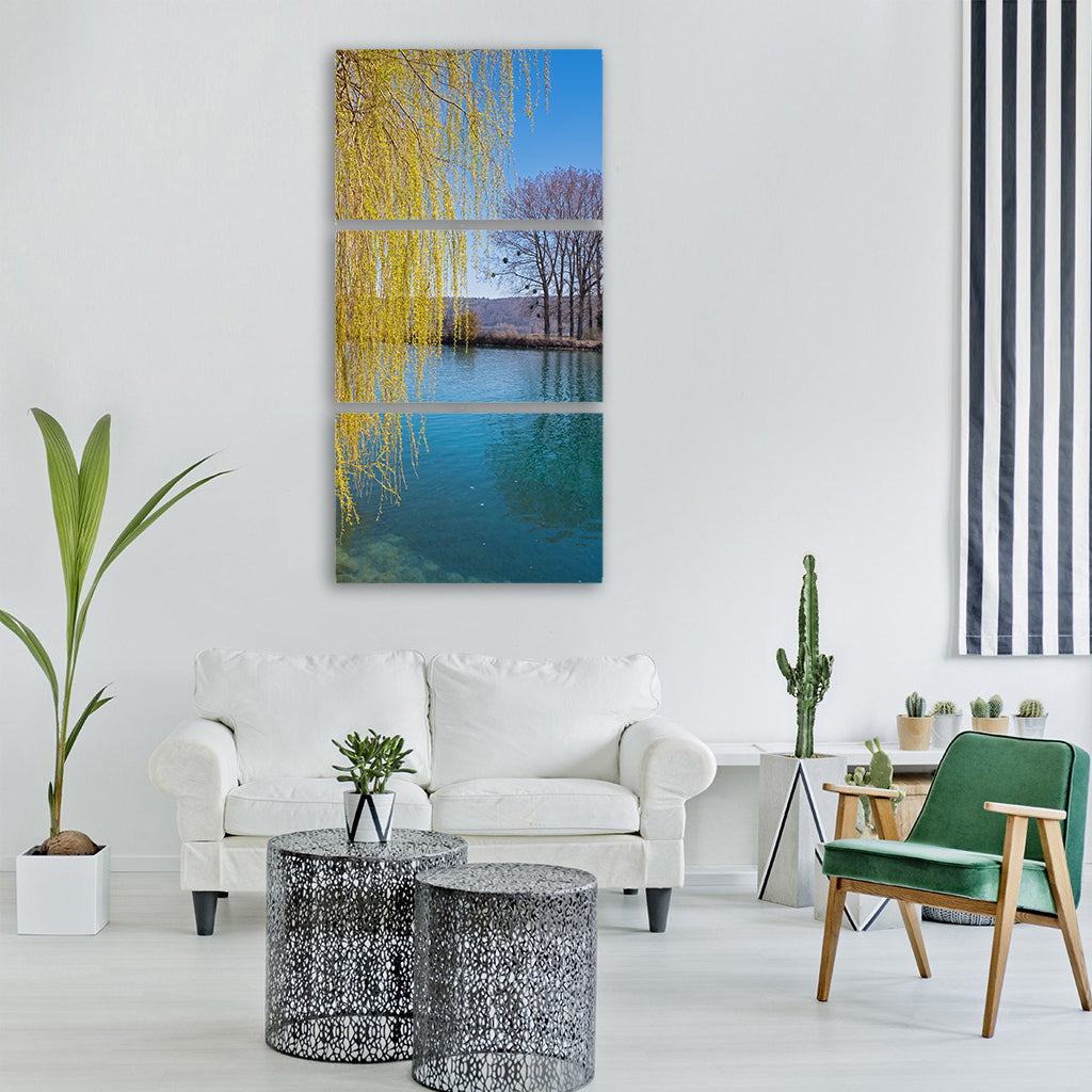 weeping willow pasture river Vertical Canvas Wall Art