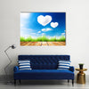 Green Grass Along The Wooden Plank Under The Blue Sky With Hearty Clouds Multi Panel Canvas Wall Art