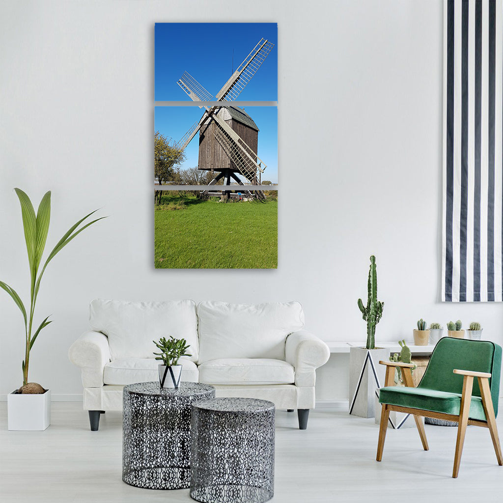 windmill blue sky summer green Vertical Canvas Wall Art