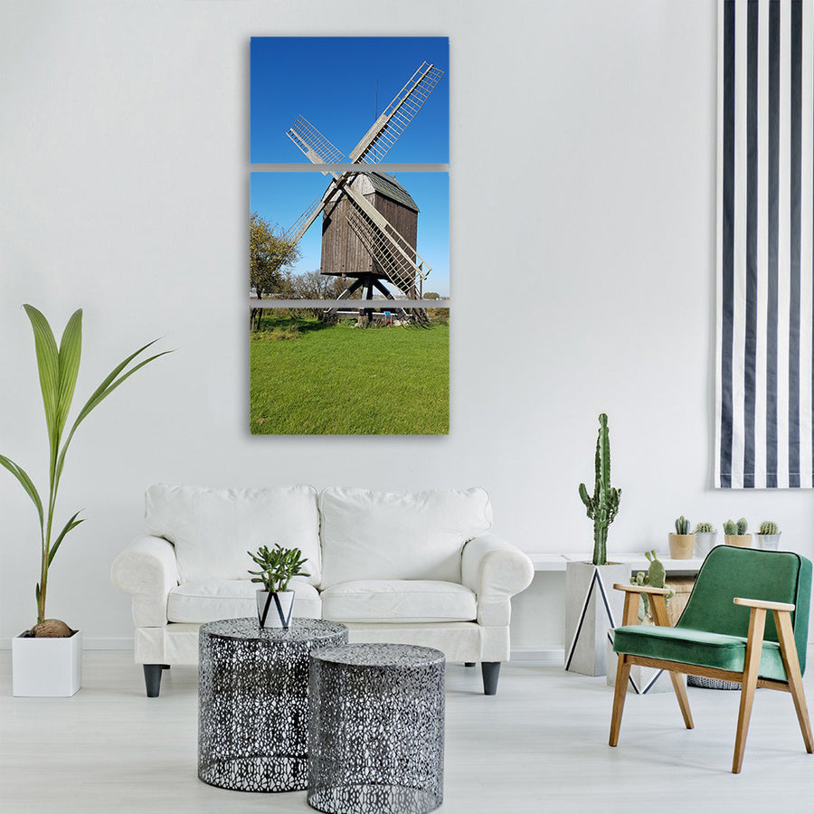 windmill blue sky summer green Vertical Canvas Wall Art