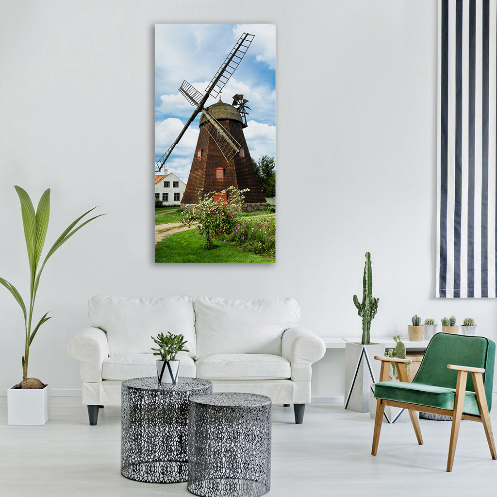 windmill clouds house garden trees Vertical Canvas Wall Art
